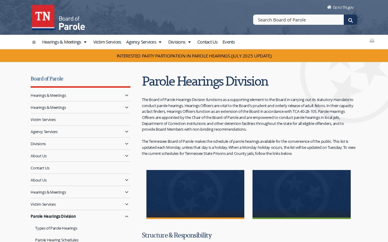 Blount County parole and probation hearing information from the Tennessee Board of Parole